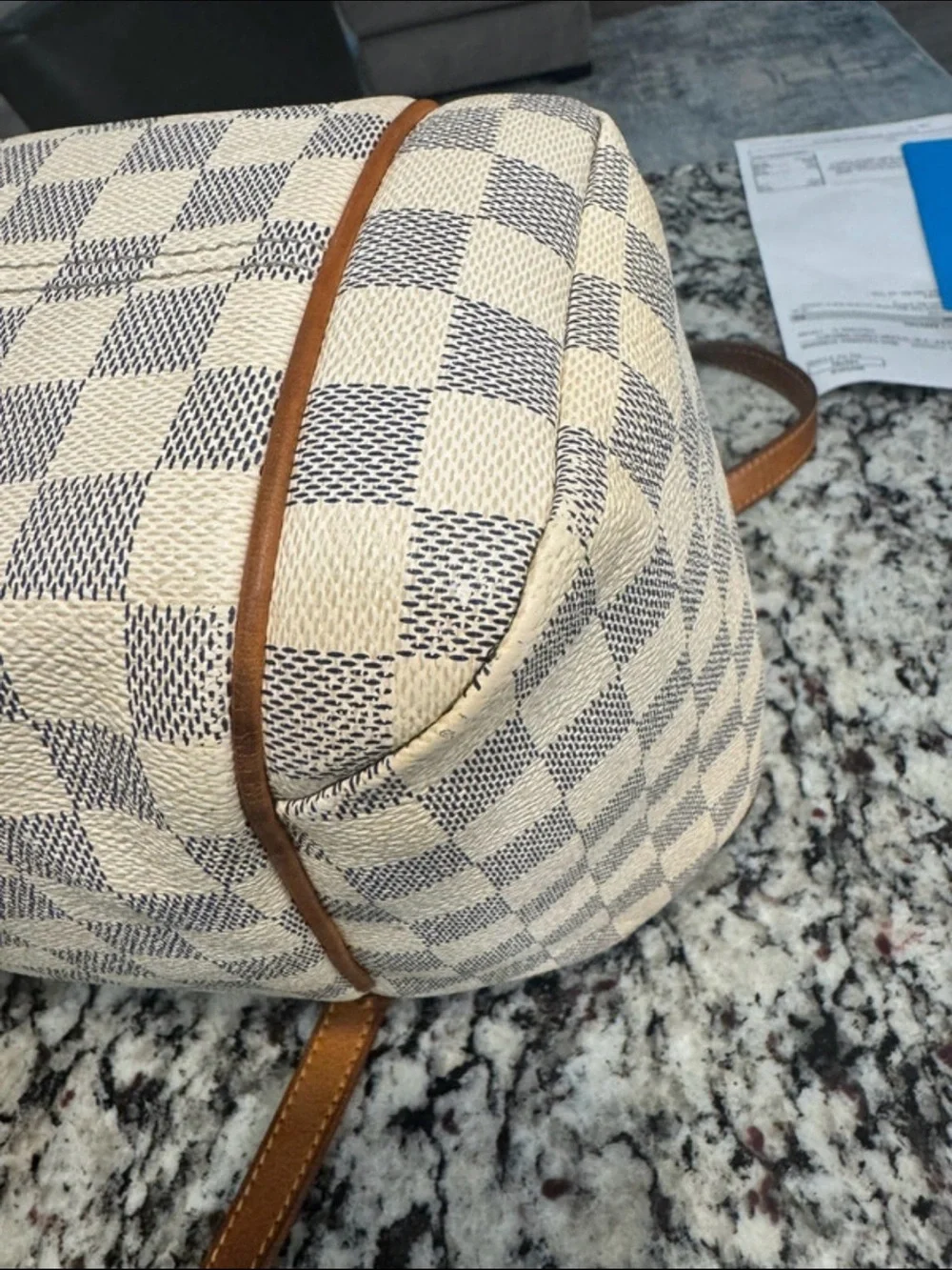 Louis Vuitton Cream Checkered Tote with Brown Leather Straps